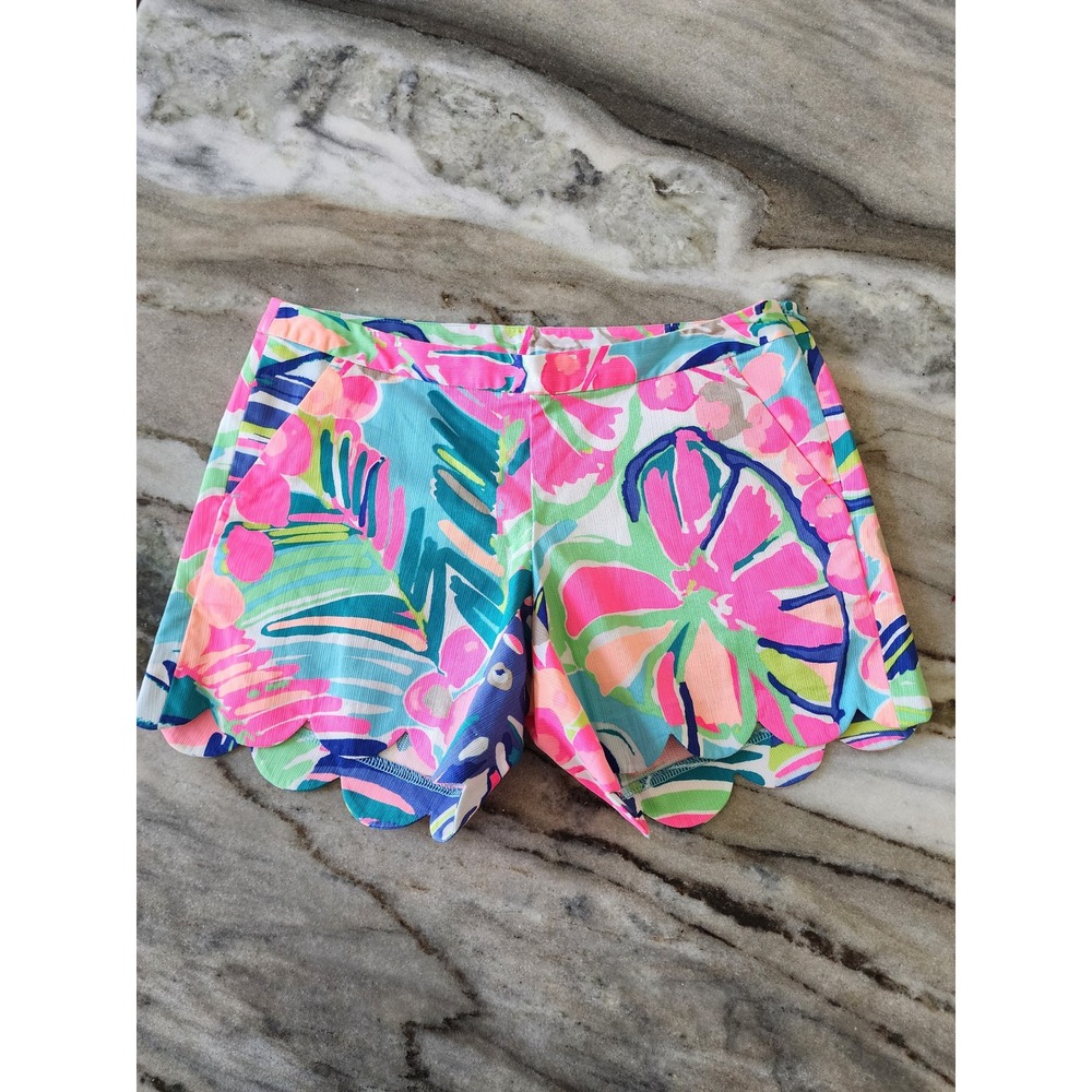NWOT Lilly Pulitzer Magnolia Scallop Hem Shorts Pink Blue Floral Cotton Size 00